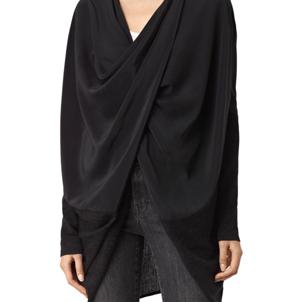 All Saints Black and Grey 100% Merino Wool Shrug